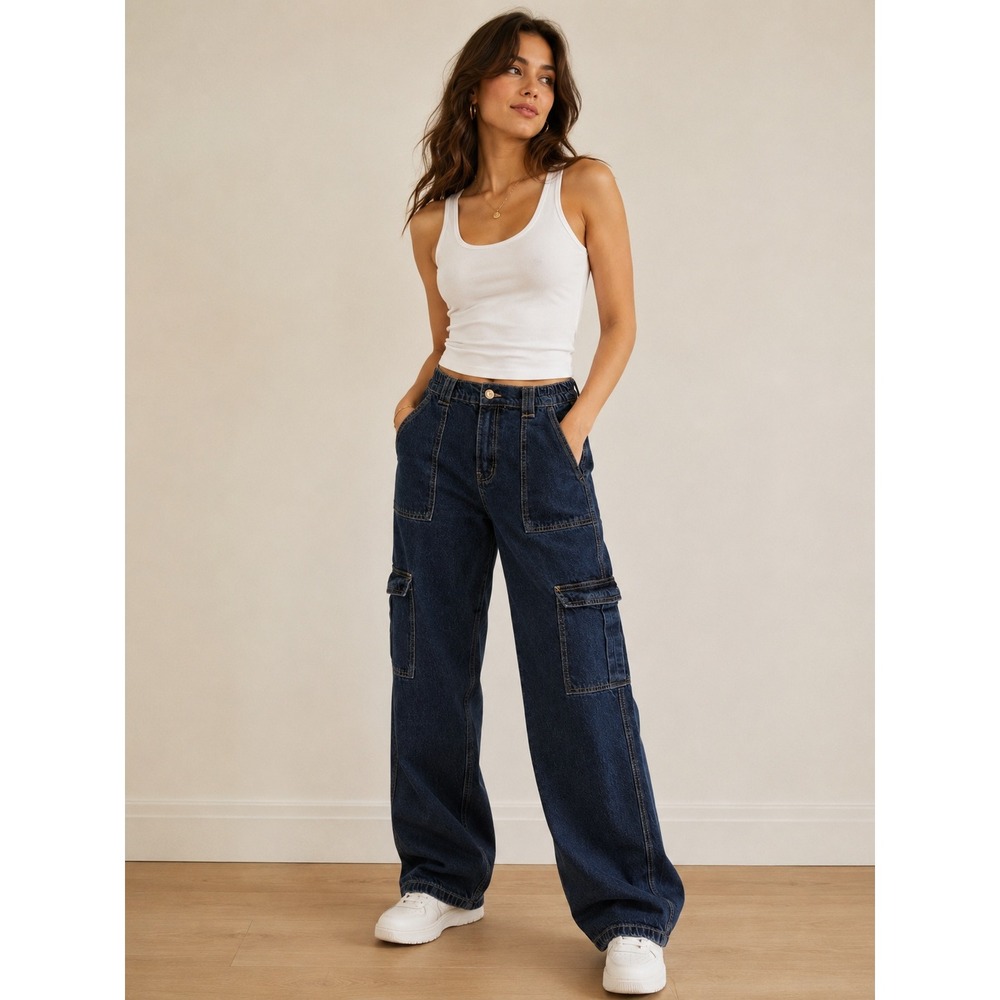 Wax Jean Wide Leg Cargo Denim Pants Womens Large High Rise Y2K gorpcore skater‎